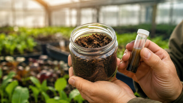 Hand holding glass jar filled with dark compost soil beside small nutrient test vial, blurred greenhouse background, warm lighting, sustainable agriculture concept