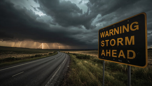 dramatic storm landscape with warning sign winding road under dark sky with lightning ominous weather apocalyptic journey travel danger wild nature tense atmosphere pre storm lighting
