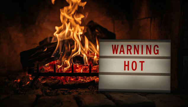 warning hot fireplace sign dramatic crackling flames on cold stone modern sans serif red text lightbox high contrast safety danger photography shallow depth of field sharp 4k