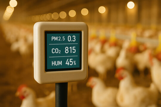Air quality monitor displaying PM2.5, CO2, and humidity readings inside poultry farm with blurred chicken coop background and warm indoor lighting
