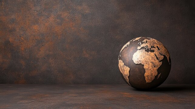 Rustic textured world globe isolated on aged metal background surface concept imagery