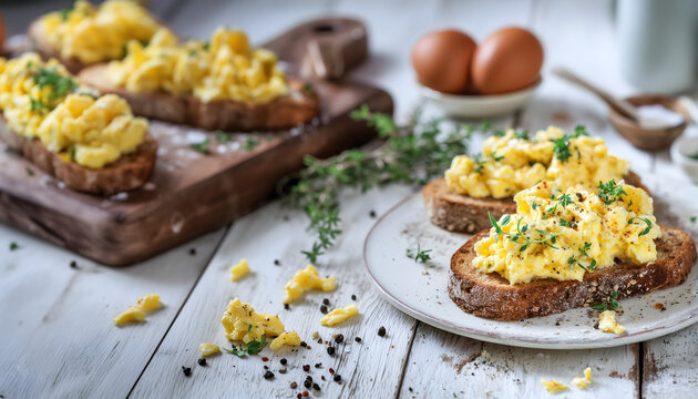 Creative food template. Sourdough toast slice bread with scrambled egg, pepper and herbs on wooden serving board table, morning sunlight. copy text space. long banner