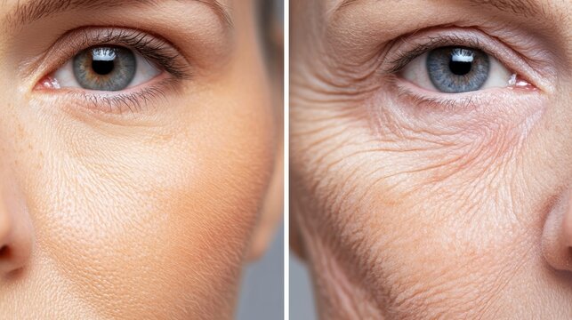 Comparative view of youthful versus aged skin texture and facial wrinkles close up macro photography analysis for skincare research
