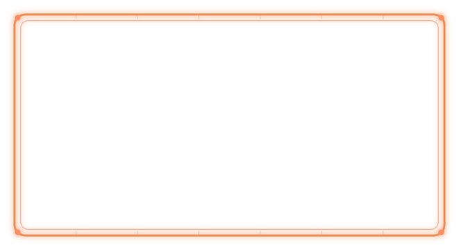Bright glowing orange neon rounded rectangle frame. Luminous double line border shape for retro futuristic banner text or synthwave graphics. Isolated transparent png cutout element.