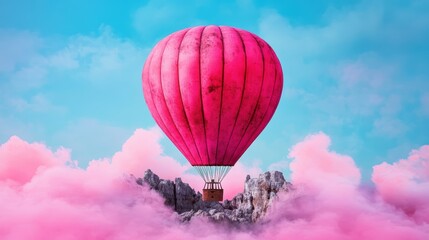 Obraz premium Vibrant pink hot air balloon floating over rocky mountains above dreamy pastel clouds in blue sky background landscape scenery