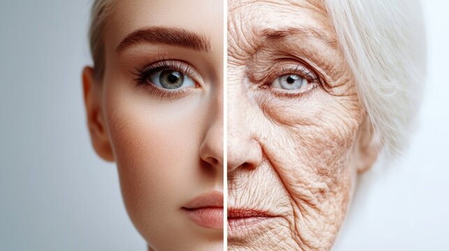 Comparison of young face and aging face showing skin texture evolution and skincare transformation concepts
