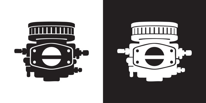 Black and White Carburetor Silhouette Icon - Automotive Engine Part Vector, Minimalist Vehicle Fuel System Symbol, and Simple Auto Repair Mechanic Graphic
