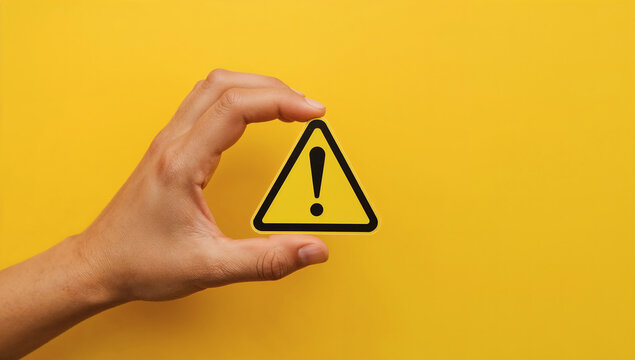 hand holding warning icon high contrast safety alert caution symbol bold yellow background professional risk management visual crisp highlights deep shadows neutral skin tone triangular hazard sign sy