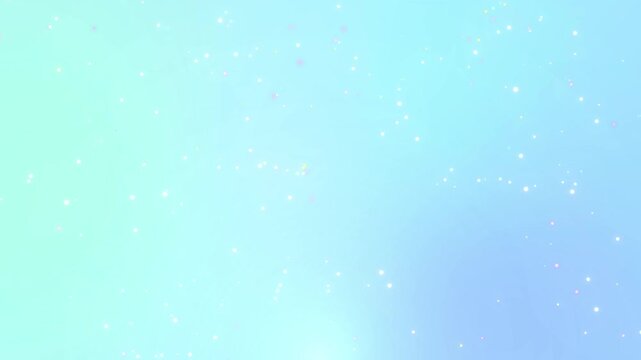 爽やかな水色とエメラルドグリーンのグラデーション背景にカラフルな光の粒子が舞うループ動画 4K / Sparkling colorful particles floating on cyan and emerald green gradient background seamless loop 4K