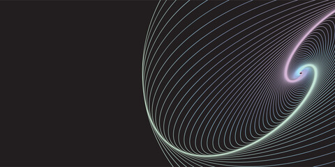 Naklejka premium Abstract Neon Spiral Line Geometry on Black Background with Dynamic Curved Minimal Wave Pattern