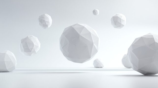 Abstract white polygonal spheres floating in a clean minimalist composition