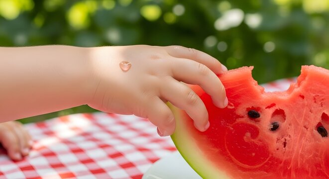 Childs Hand Reaching for a Juicy Watermelon Slice on a Picnic Blanket.