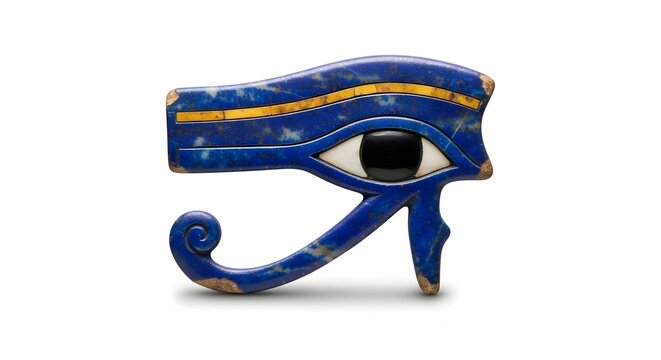 Eye of Horus talisman made of blue stone and gold represents ancient Egyptian mythology.