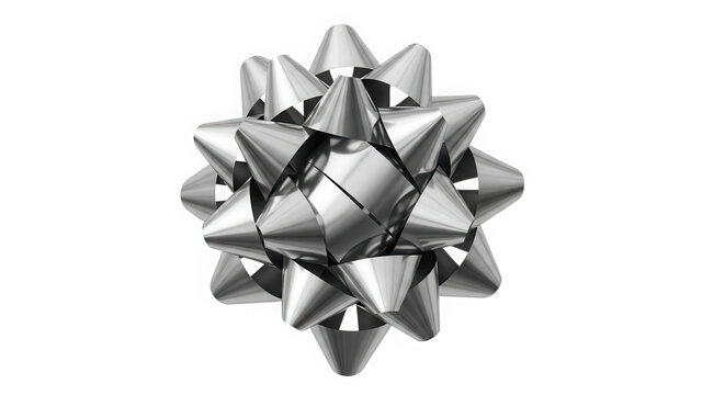 Shiny silver gift ribbon bow for birthday present isolated on transparent background