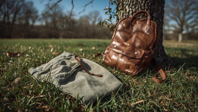 restful trousers on lush grass after walk leather backpack nearby sunny nature scene with blurred background high resolution wide angle photo earthy tones serene outdoor still life