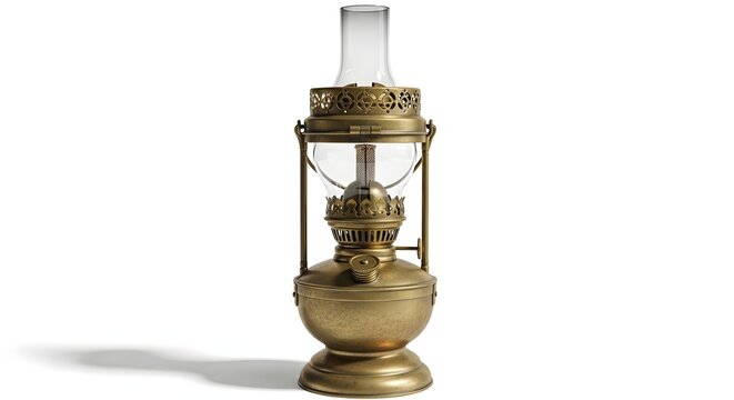 Antique oil lamp made of brass features a glass chimney and stands on a plain white surface.