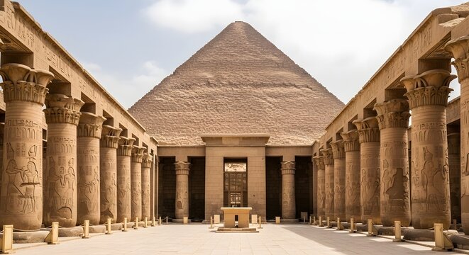 Ancient temple columns frame a view of a massive stone pyramid under a bright desert sky.
