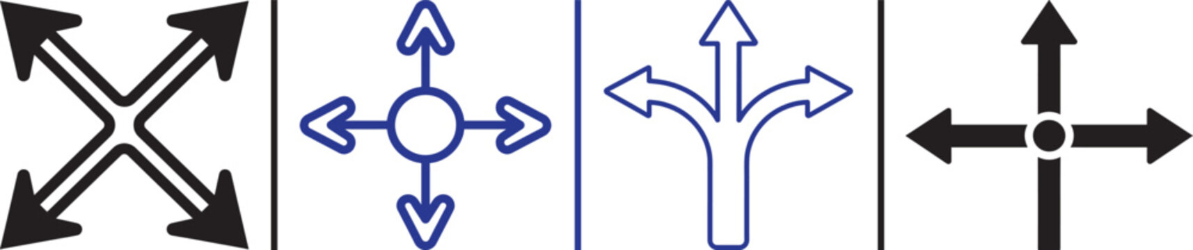 Vector arrow icons set showing multi-directional navigation, split paths, and crossroads symbols for interface design