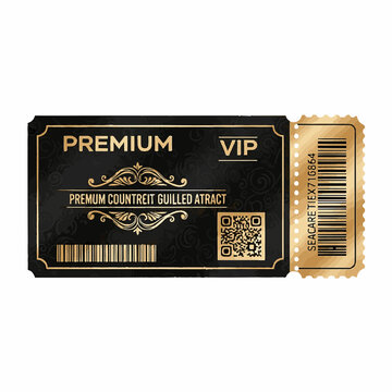 Premium VIP Ticket Gold and Black Design with QR Code and Barcode for Exclusive Events
