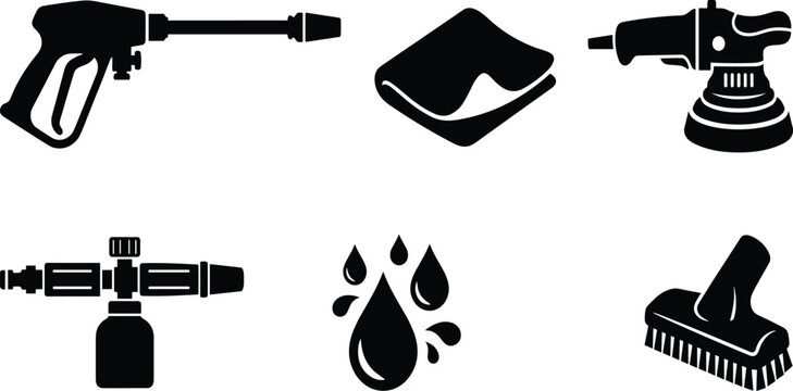 Car detailing and professional pressure washing solid icon set representing vehicle cleaning equipment and auto valeting tools
