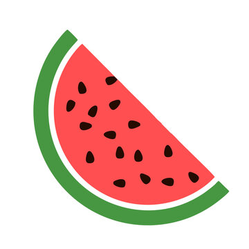 Fresh watermelon slice vector icon featuring a juicy red fruit with black seeds in a clean flat illustration style. This editable fruit clipart is ideal for food packaging, menus, recipe cards, mobile