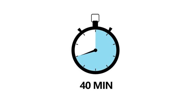 40 Minute Timer Stopwatch Icon Animation Blue Half Clock Dial Symbol Loop Isolated on White Background Motion Graphic