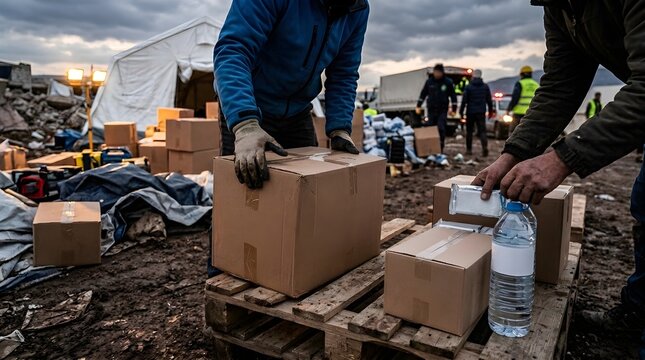 Volunteers Preparing Emergency Relief Supplies at Disaster Response Camp