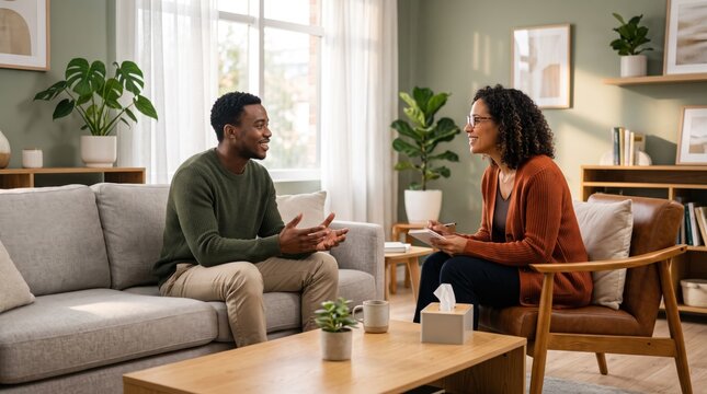 Therapist conducting counseling session with client in cozy living room setting, discussing mental health concerns while taking notes on clipboard, creating safe space for emoti...