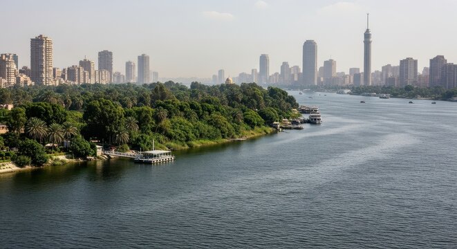 Panoramic View of the Nile River with Cairo Tower and City Skyline in Egypt, Featuring Gezira Island Lush Greenery