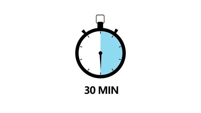 30 Minute Timer Stopwatch Icon Animation Blue Half Clock Dial Symbol Loop Isolated on White Background Motion Graphic