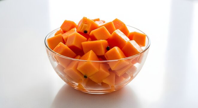 Freshly Diced Papaya Chunks in a Clear Glass Bowl on a White Background.