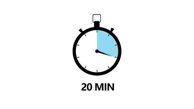 20 Minute Timer Stopwatch Icon Animation Blue Half Clock Dial Symbol Loop Isolated on White Background Motion Graphic