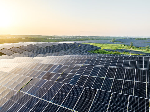 A sprawling utility-scale solar photovoltaic farm generates clean renewable energy under the morning sun.