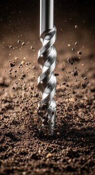 A detailed close up of a sharp steel drill bit rotating and boring deep into the dark moist soil, scattering dirt and debris around, bit, spinning, power