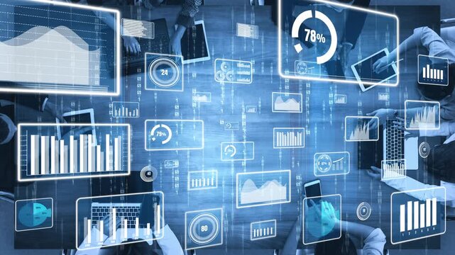A dynamic business scene showcasing modern technology with data visualization elements. Multiple devices display graphs and statistics, illustrating digital transformation. Xenic
