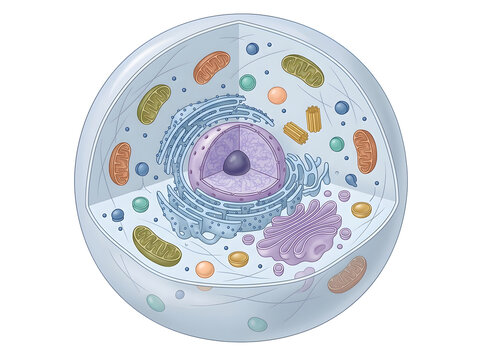 Detailed animated cell structure with organelles illustration isolated on white background