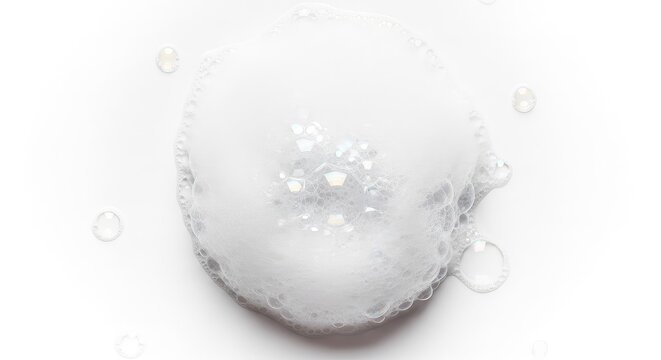 A high-quality close-up of fluffy white soap foam and delicate iridescent bubbles scattered across a clean and minimalist white background, glistening, organic, detergent
