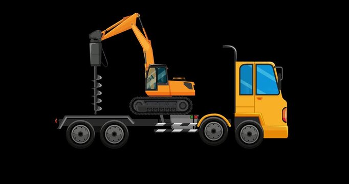 Yellow flatbed carrier truck transporting tracked drilling excavator heavy construction machinery vector illustration