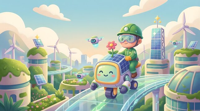 sustainable future renewable energy society showcasing Whimsical Green Energy Future with Child on Solar Robot in Eco-City with Wind Turbines and Solar Panels