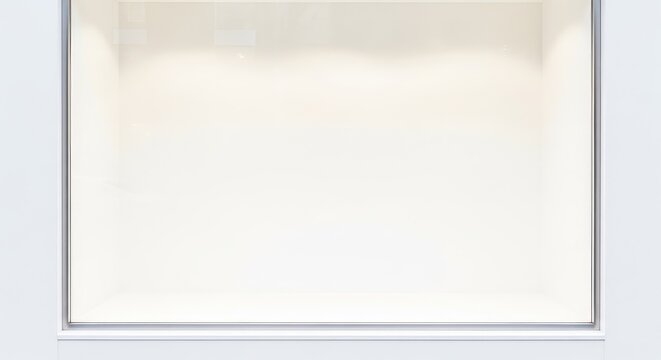 An empty retail storefront display window features a pristine white background, offering a minimalist space for creative mockups and design, minimalist, commercial, background