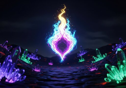 An ethereal entity of brilliant neon fire radiates light within a surreal valley surrounded by glowing crystalline structures and a dark sky, otherworldly, burning, colorful