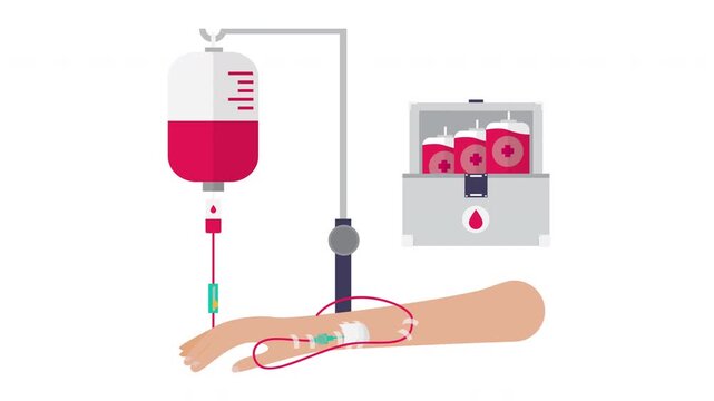 Cartoon blood transfusion setup. Red fluid drips from bag into arm. Medical device shows blood cell units. Simple, clean photo style. Ideal for health or medical topics. No people or animals shown