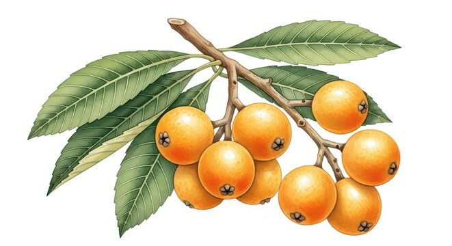 Botanical Illustration of Ripe Loquat Fruits on a Branch with Green Leaves Isolated on White Background