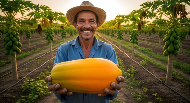 Happy farmer proudly displays a freshly harvested ripe papaya in his lush orchard at sunset.
