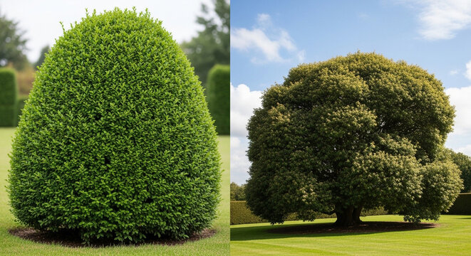 Topiary boxwood shrub and large garden tree. Trimmed hedge and ornamental landscape plant.