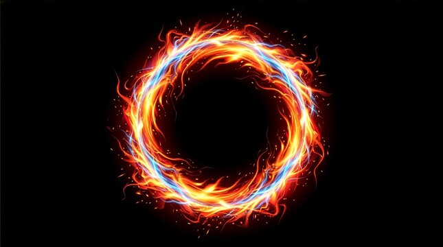 Flame ring, circular fire orbit burning energy loop hot glowing wreath fiery heat circle explosion sparks burning element design