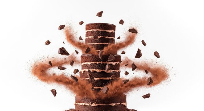 Luscious layers of moist chocolate cake exploding upwards, surrounded by a swirling mist of cocoa powder and dark chocolate fragments, cocoa dust, texture, cocoa