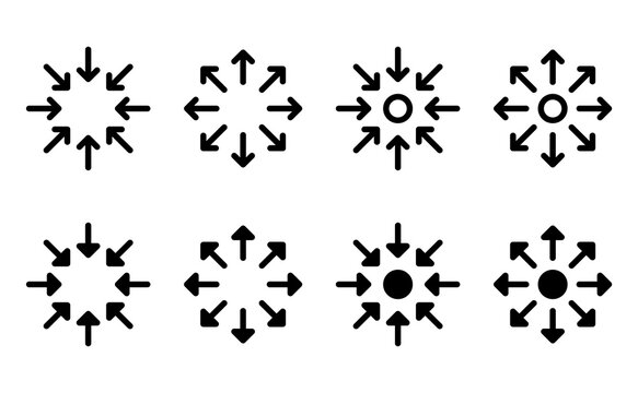 Arrow of contraction and expansion &ndash; convergent and divergent directional arrows toward and away from center icon set