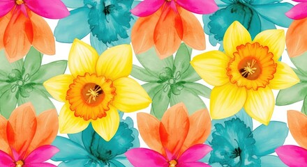 Obraz premium Vibrant watercolor pattern featuring abstract floral shapes in a seamless repeat. Bright splashes of color create a modern, artistic design, decorative, bright, trendy