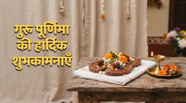 Guru Purnima Greeting with Traditional Wooden Paduka, Oil Lamps and Marigold Flowers